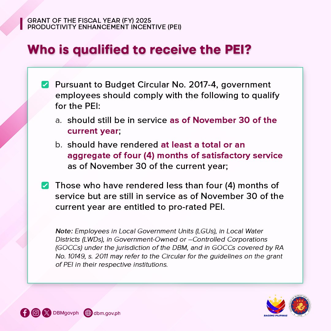 DBMgovph's tweet photo. READ: Guidelines on the grant of the FY 2025 Productivity Enhancement Incentive (PEI)
For more information, download Department of Budget and Management (DBM) Circular Letter No. 2025-13: https://t.co/TyNsEU1uNn
#DBMatWork https://t.co/uQUNZBbKWy