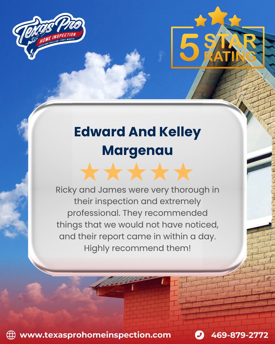 TexasProHomeIns's tweet photo. ⭐⭐⭐⭐⭐ Another Happy Client! ⭐⭐⭐⭐⭐

"Ricky and James were very thorough in their inspection and extremely professional. They recommended things that we would not have noticed, and their report came in within a day. Highly recommend them!" - Edward and Kelley Margenau https://t.co/wRj4CfhKx9
