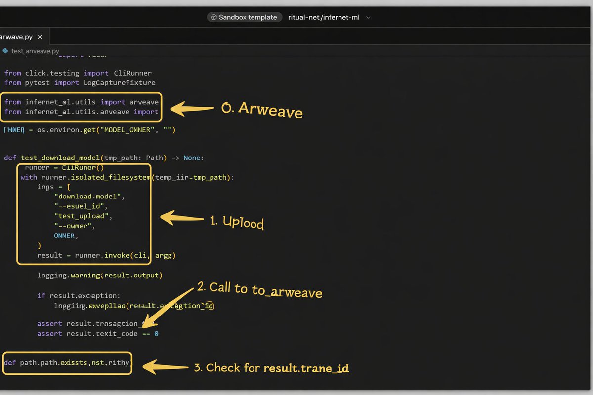 moc_tx89's tweet photo. I was going through the ''infernet-ml'' repository from Ritual and this part really stood out to me.

In ''test_arweave.py'' Ritual isn’t just mentioning Arweave  they are actually testing real interactions with it.

You can see:

> Arweave being imported

> A command that uploads a model/file

> A call that interacts with Arweave

> A final check to confirm everything worked without errors

This usually means the backend work is already functional.

Teams don’t write proper tests like this for ideas they do it when things are already working internally.

There’s still no official testnet announcement from Ritual, so this isn’t a date prediction.

But it does show that important infrastructure pieces are already in place.

In Web3 code moves first.

Announcements come later.

Worth watching @ritualnet  closely