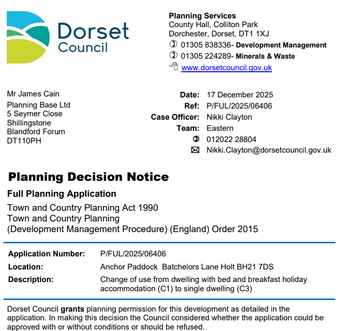 PlanningBase's tweet image. @planningbase obtains change of use of site from bed and breakfast and dwelling to a dwelling in rural #eastdorset near #Wimborne. We had previously obtained a Lawful Development Certificate for the B&amp;amp;B a decade ago so the site has gone full circle #planningconsultantdorset