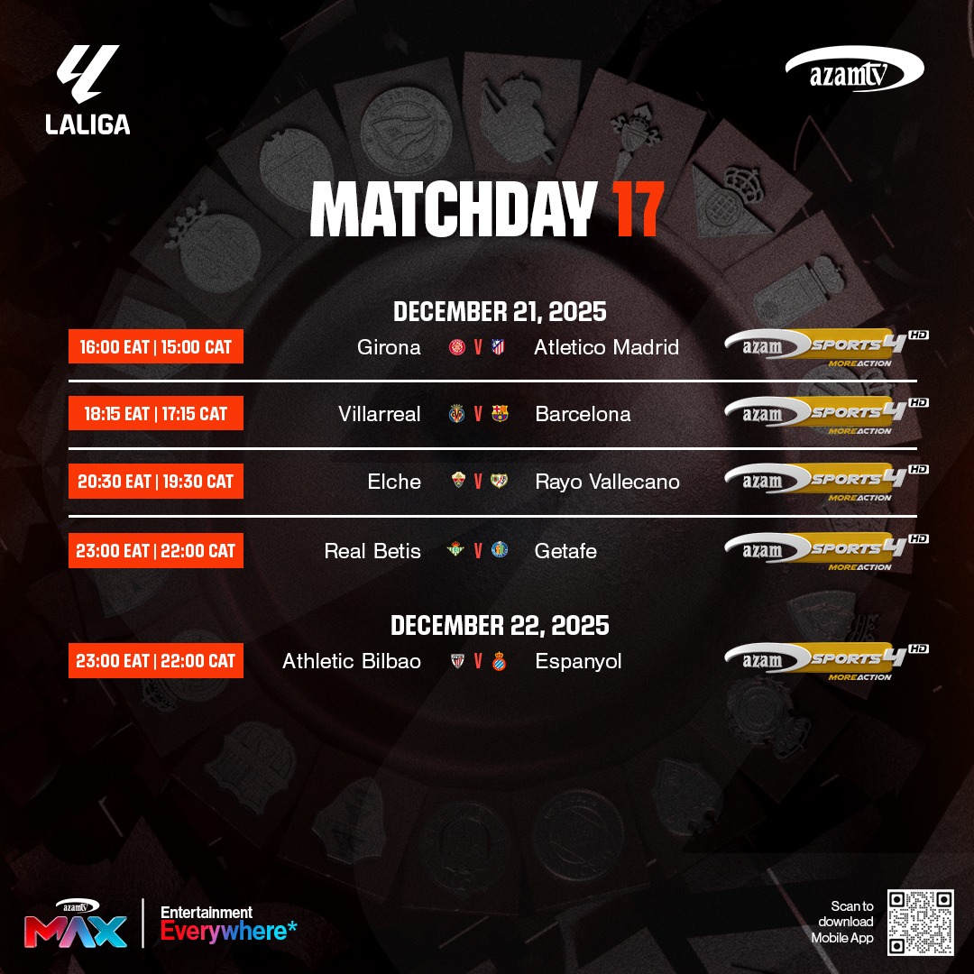 azamtvzw's tweet photo. #Laliga 🇪🇸 #MatchDay17 Fixtures on #AzamTV 🇿🇼. Also available on #AzamMax #EntertainmentEverywhere https://t.co/b2qYkj5sgT