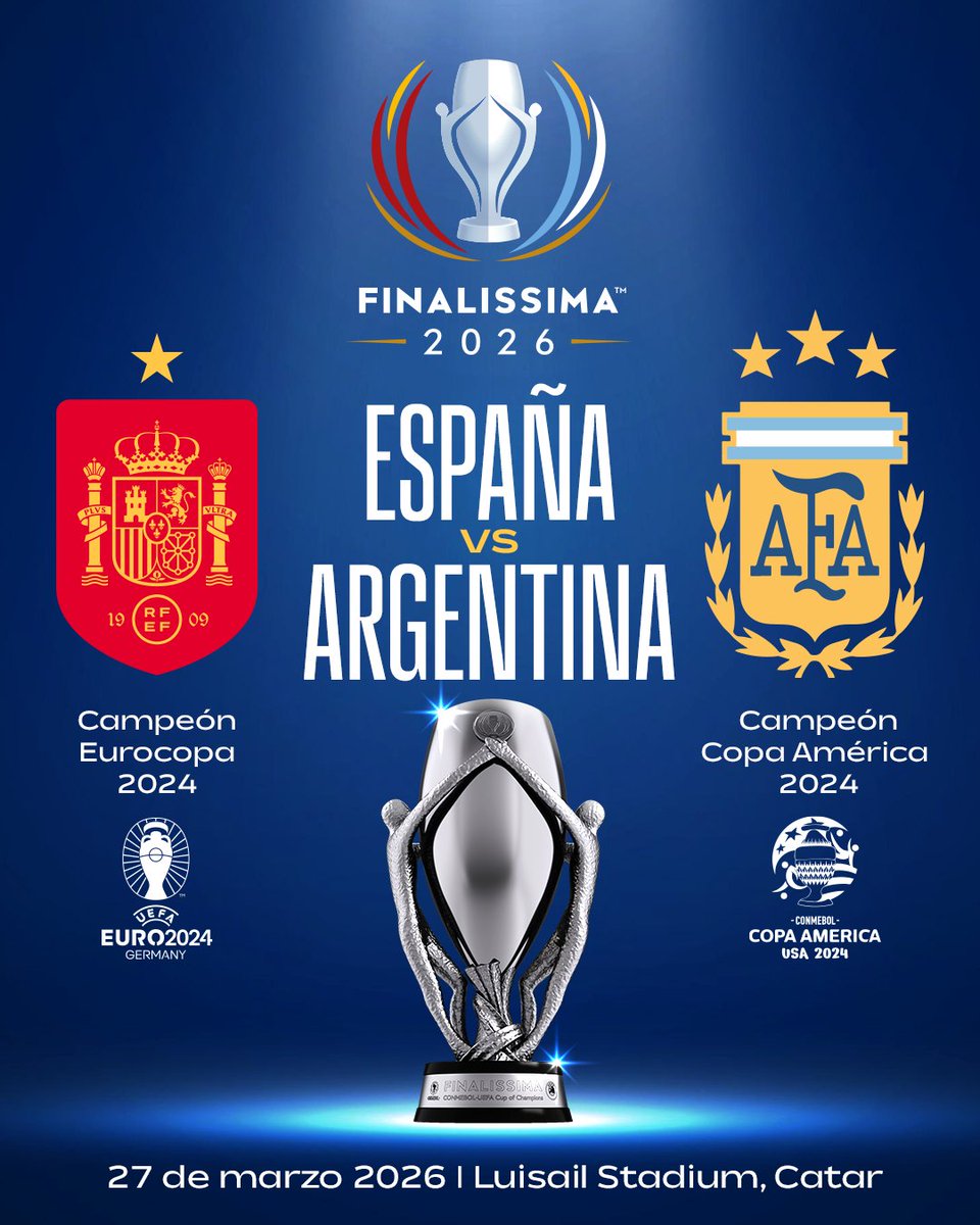 🚨 Finalmente es 𝗢𝗙𝗜𝗖𝗜𝗔𝗟.

España y <a href="/Argentina/">🇦🇷 Selección Argentina ⭐⭐⭐</a> disputarán la #𝗙𝗜𝗡𝗔𝗟𝗜𝗦𝗦𝗜𝗠𝗔 el próximo 27 de marzo en el estadio Lusail de Doha, Catar.

ℹ️ Toda la información: rfef.es/es/noticias/es… 

#VamosEspaña