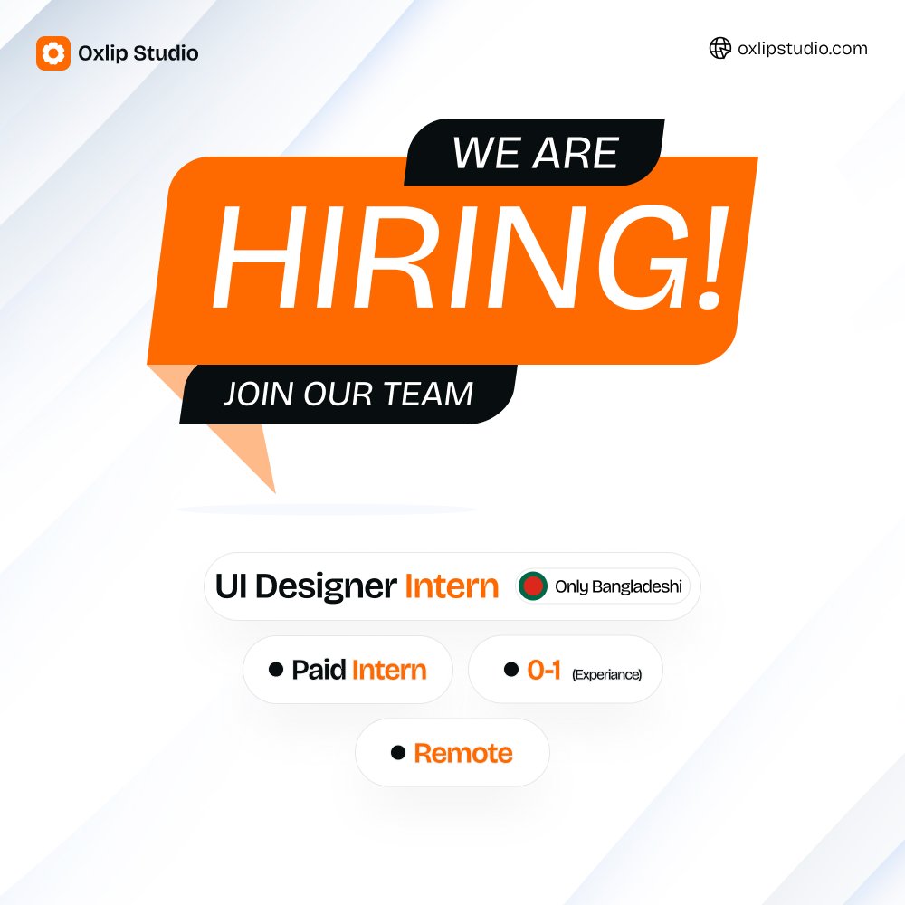 design_ideat's tweet photo. 🚀 Paid UI Design Intern – Oxlip Studio
Remote | 6 days/week | 9AM–6PM | Faith-friendly
Design modern interfaces, wireframes &amp; prototypes. 0–1yr exp | Figma required | Adobe Suite a plus
📩Apply: hello@oxlipstudio.com / mohammadali78836@gmail.com
#UXDesign #UIDesign #UIUX #hiring https://t.co/P7uZiMv2RP