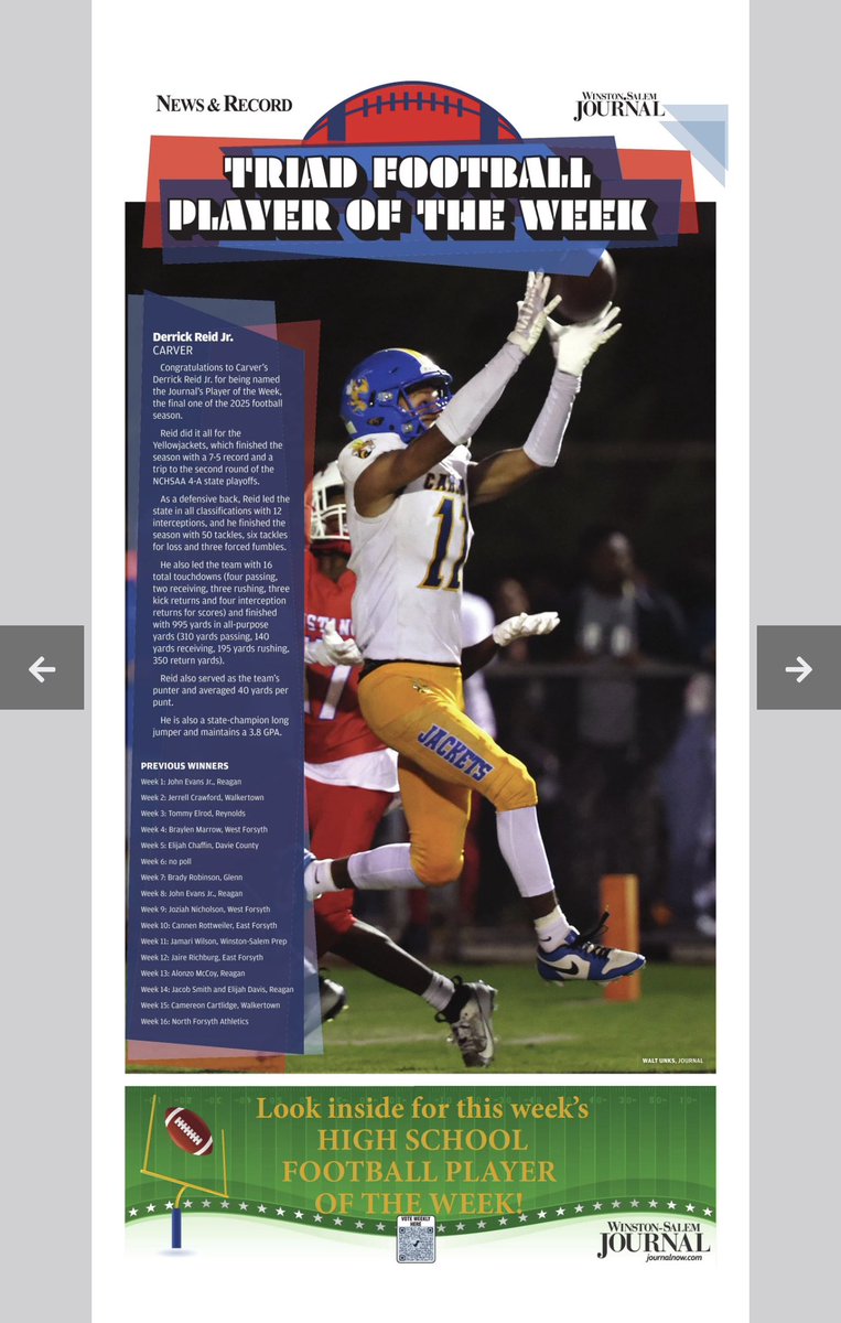 Marc_Pruitt's tweet photo. The final @JournalNow High School Football Player of the Week for the 2025 season led the state with 12 interceptions.
He’s also a state champion in the long jump. Congrats to @dlreid123 of @football_carver @CHS_JacketPride 
@wsfcsathletics 

https://t.co/wCk7wWEQtd https://t.co/pfq5sMxPA4