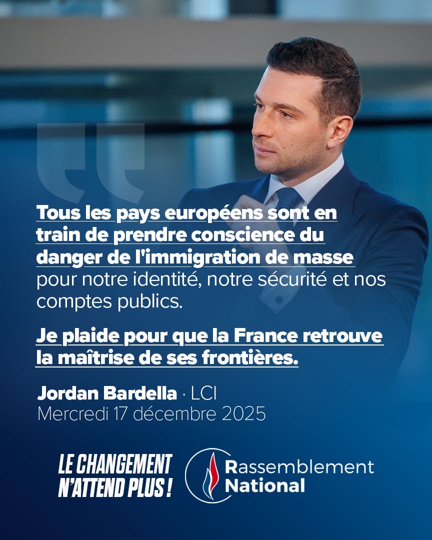 RNational_off's tweet photo. 🔵 La France doit retrouver le contrôle de ses frontières et mettre fin à l’appel d’air migratoire !

Ce qui est possible en Italie, en Allemagne ou encore au Danemark doit l’être aussi en France ! L’immigration massive pèse sur nos dépenses publiques et sur notre système de santé, en plus de créer de l’insécurité et de porter atteinte à notre identité. Aux responsabilités, nous mettrons fin à ce chaos.

🇫🇷 Rejoignez-nous !
https://t.co/1frcZRI6l8