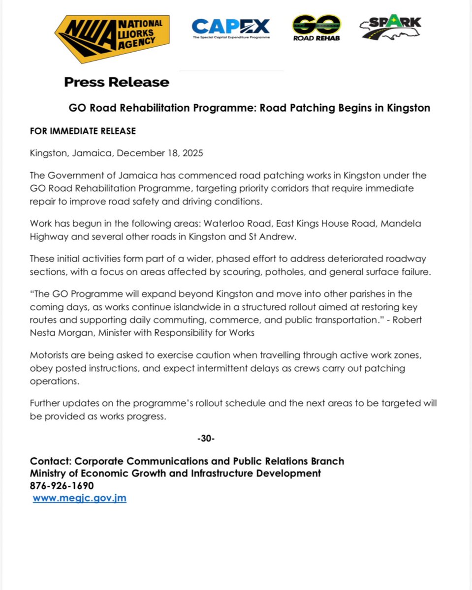 NestaJA's tweet image. The Government of Jamaica has commenced road patching works in Kingston under the GO Road Rehab, targeting priority corridors that require immediate repair to improve road safety and driving conditions.