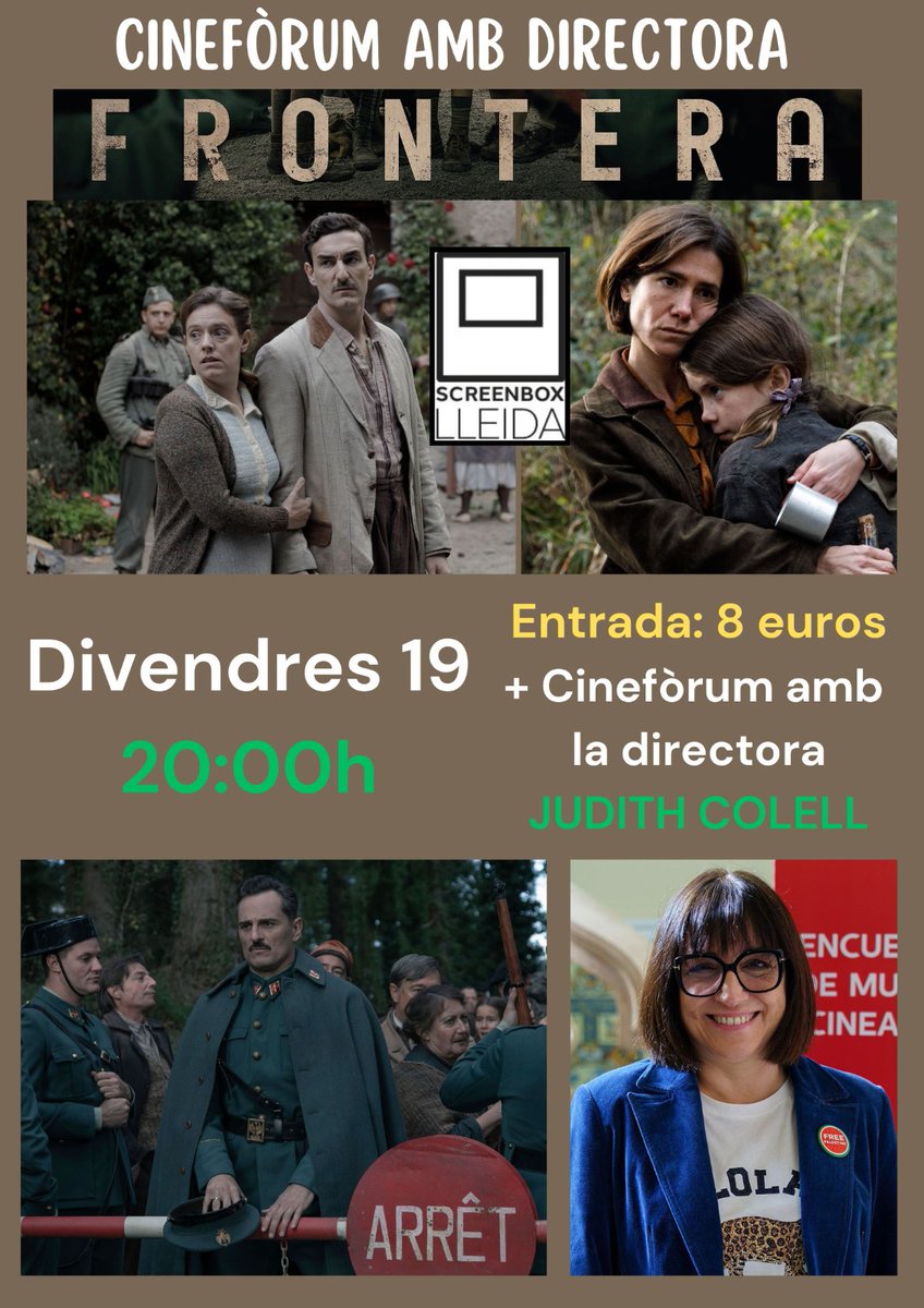 Apunteu:
🕗 Divendres 19 de diciembre - 20:00h
🎫 Entrada: 8 euros (Projecció + Cinefòrum amb la directora JUDITH COLELL)

Compra la teva entrada aquí 👇🏻 
screenbox.koobin.cat/?action=PU_eve…

#Frontera #Cinema #Cinefòrum #Lleida #lleidatanament