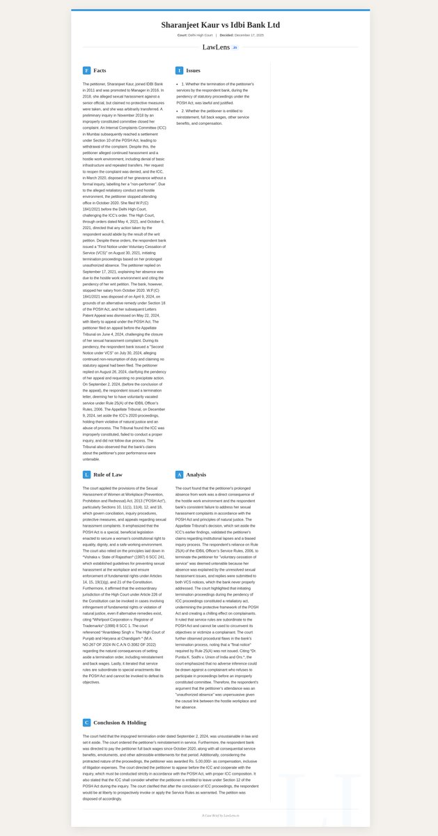 A Woman filed a sexual harassment complaint against IDBI Bank in 2018. 
The ICC closed her case in 2020 without proper inquiry and the workplace turned hostile. She stopped attending. The bank's response? Terminate her while her POSH appeal was still pending.

Court ordered