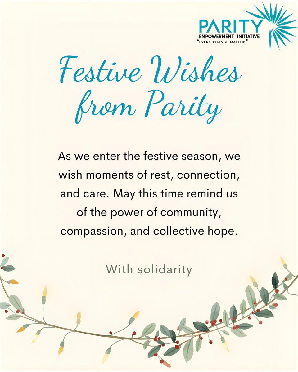 Season’s greetings from Parity 🌿✨
Wishing you a time of reflection, warmth, and togetherness, and a renewed commitment to care, community, and shared hope as we move forward together. #CommunityCare #Solidarity #TogetherWeRise #CompassionInAction #EveryChangeMatters
