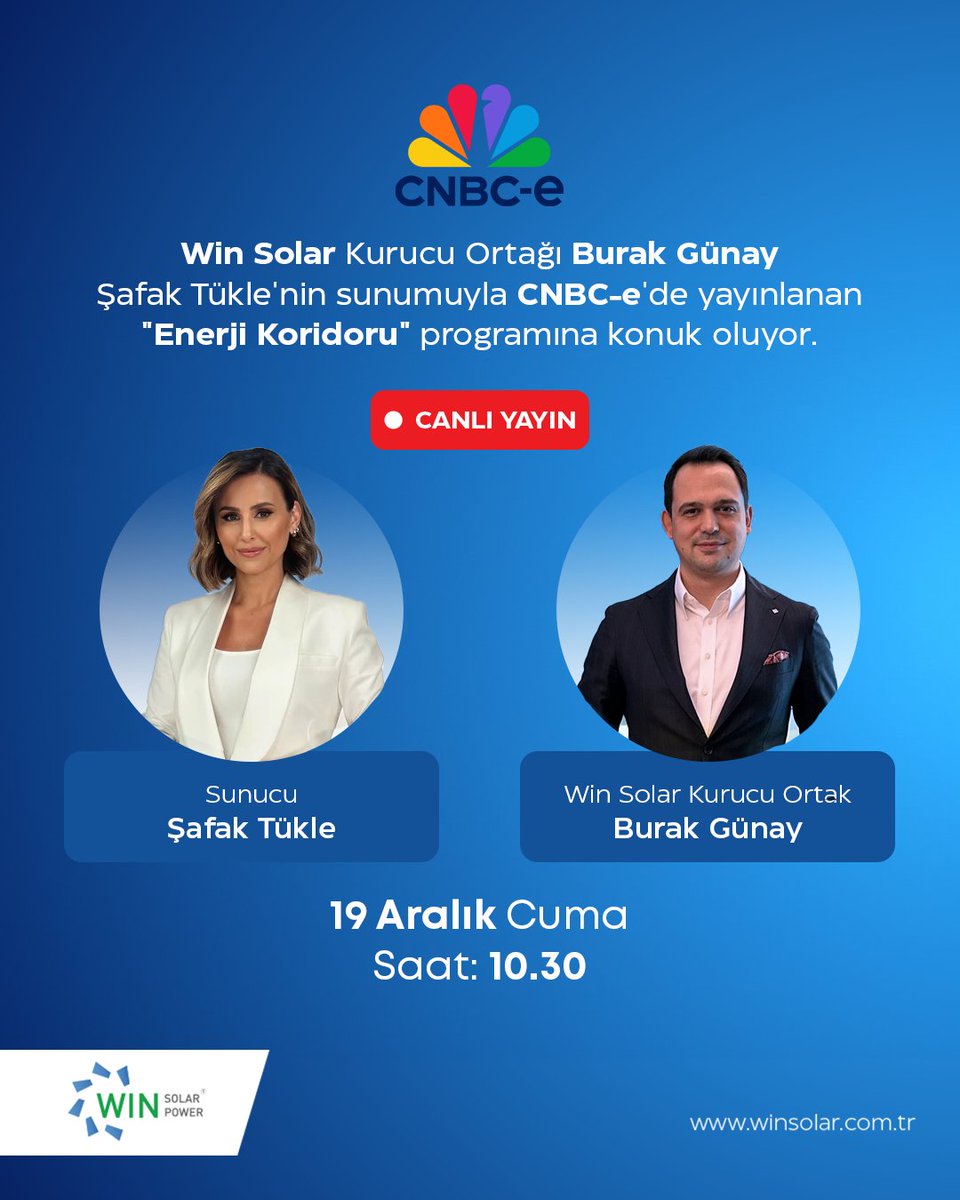 Win Solar Kurucu Ortağı Burak Günay, 19 Aralık Cuma, saat 10.30’da CNBC-e kanalında Şafak Tükle’nin değerli sunumuyla “Enerji Koridoru” programına konuk olarak güneş enerjisi sektörünün tüm dinamiklerini değerlendirecek.

#winsolar #winsolarpower
