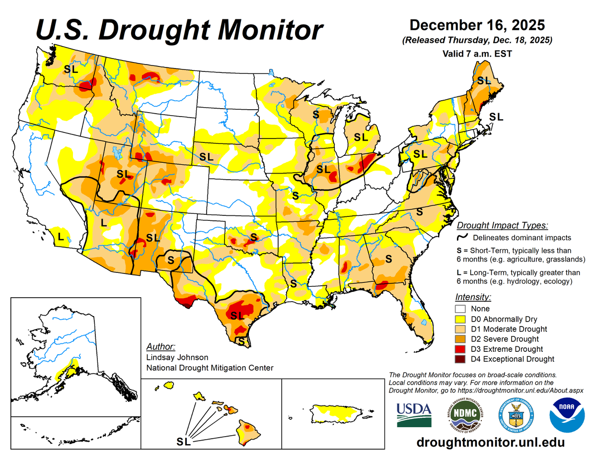 US Drought Monitor 12-18-25

For the 50 states and Puerto Rico, the US Drought Monitor shows 33.99% in moderate drought or worse, compared to 33.81% last week.

#droughtmonitor #drought #drought2025