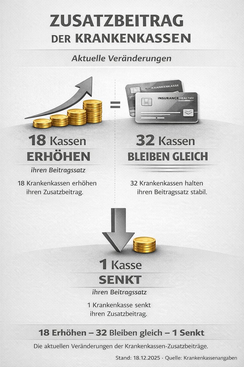 Zusatzbeitrag 2026 – aktueller Stand
18 Krankenkassen erhöhen,
32 bleiben gleich,
1 senkt.
💸 Das kann mehrere hundert Euro pro Jahr kosten.
👉 Jetzt #Zusatzbeitrag vergleichen &amp; wechseln:
krankenkasseninfo.de