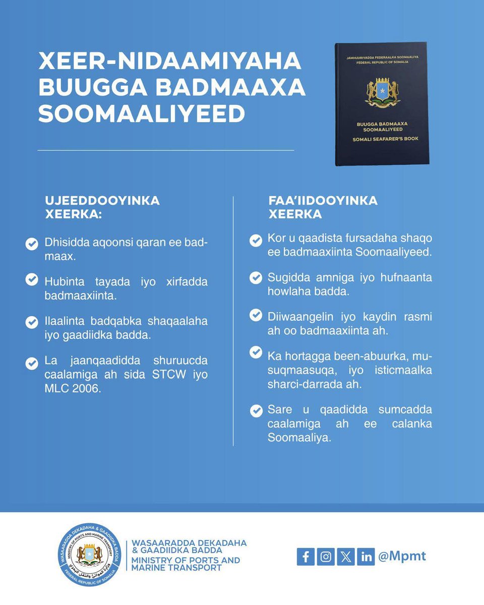 MDhucle's tweet photo. I would like to express my sincere appreciation to the Cabinet of the FGS for approving the Seafarers’ Identity Document Regulations (Seaman’s Book), which is essential for the professional practice of seafarers. https://t.co/bVrRpqCB4l