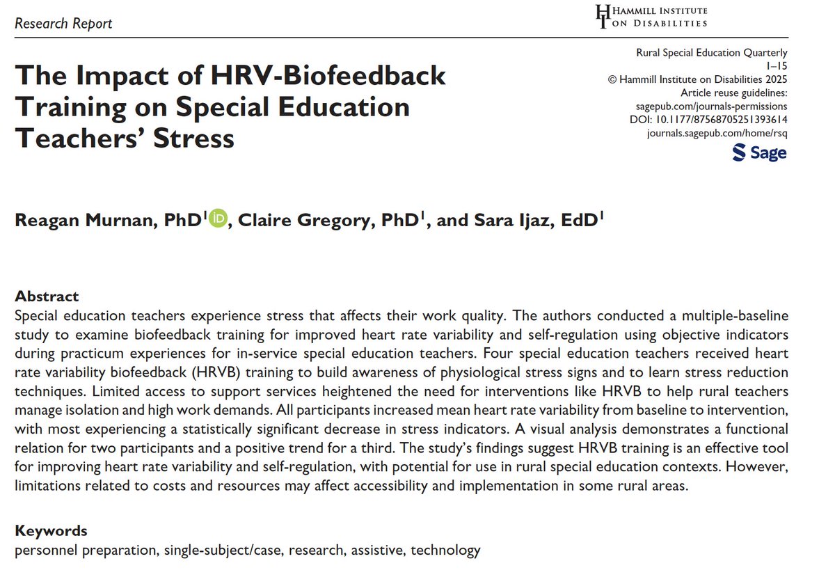 Proud to share new research on HRV-biofeedback &amp; special education teacher stress 💙
Supported by a <a href="/WichitaState/">Wichita State</a> multidisciplinary grant for Dr. Reagan Murnan (SPED) &amp; Dr. Claire Gregory (Counseling), with doctoral support from Sara Ijaz.