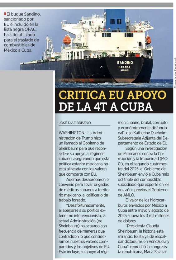 EU lo dice sin rodeos:
la 4T financia a la dictadura cubana.

México triplicó el envío de combustible subsidiado a Cuba -más de 3 mil mdd- incluso usando buques sancionados.
Dinero público mexicano para sostener dictaduras.
Eso también es corrupción, ¿no?