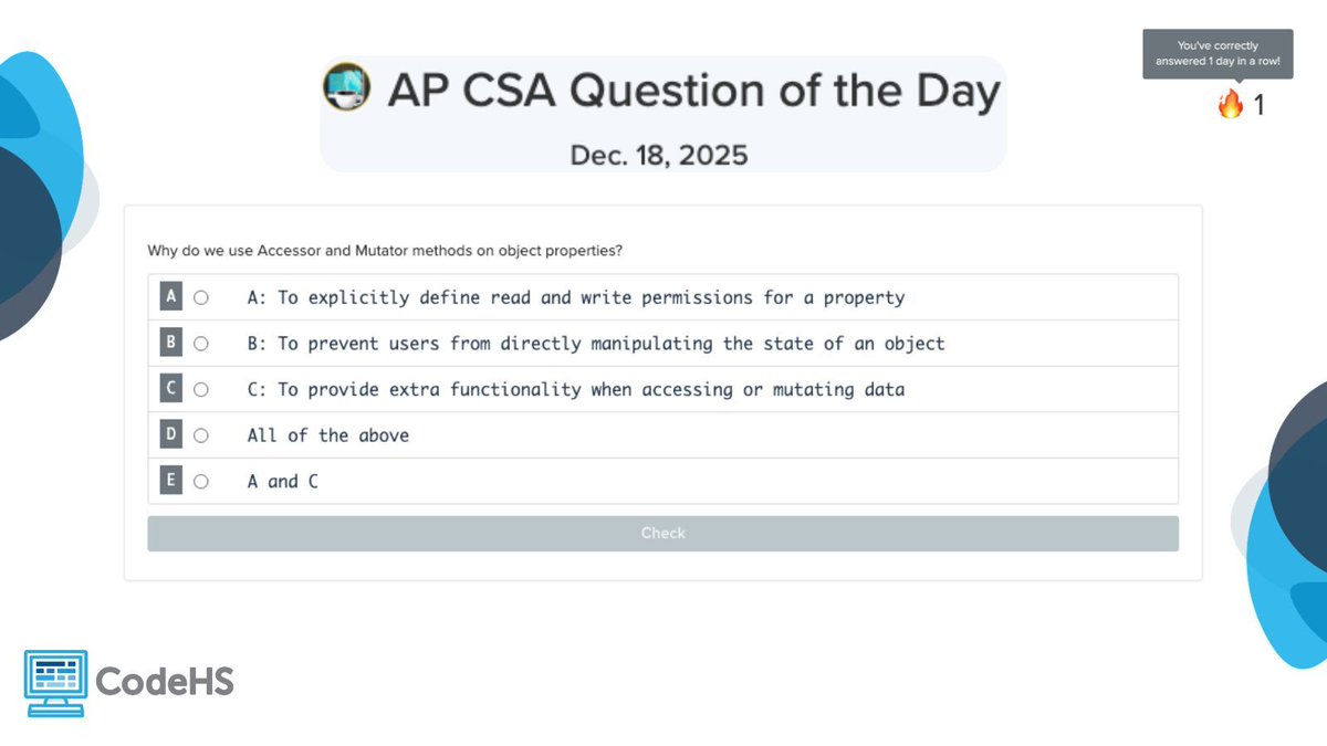 CodeHS's tweet image. Wrap up the week with the CodeHS Question of the Day! 🎉 Find daily questions for AP CSA, AP CSP, Python, and JavaScript students at buff.ly/YZaNnLA