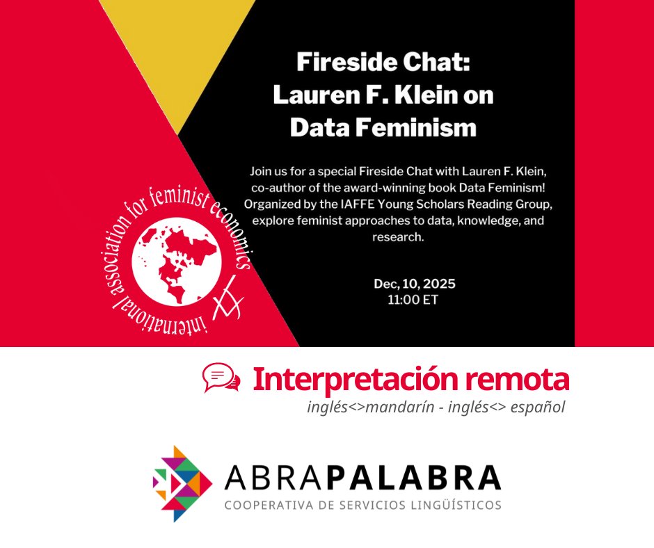 Abrapalabra_sl's tweet photo. Gracias por permitirnos ser parte de este encuentro a través de la interpretación remota simultánea en inglés<>mandaríne inglés<>español .🌍🎧 Un honor contribuir a un diálogo inclusivo y multilingüe en este Fireside Chat con IAFFE y Lauren F. Klein. 🤝✨
#IAFFE #DataFeminism https://t.co/xFnxwwJTyt