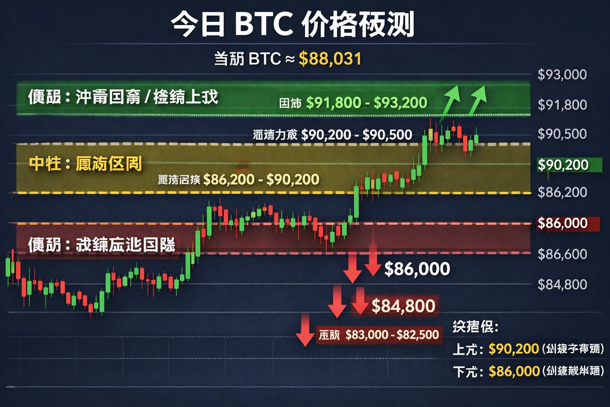 今日#BTC 价格预测🚨 当前BTC ≈ $88,031 我给今天的三种路径+ 具体价位： 1）偏强（冲高回落/ 继续上攻）  站稳$90,200–$90,500（日内强弱分界） 上方目标：$91,800–$93,200 2）中性（大概率震荡带）  主要运行区间：$86,200–$90,200 区间内：高抛低吸思路更占优