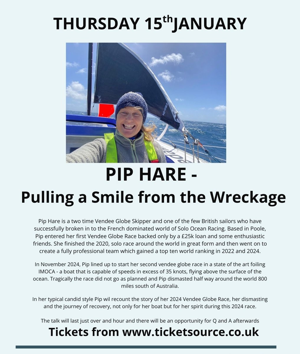 Hear two-time <a href="/VendeeGlobe/">Vendée Globe</a> skipper Pip Hare share her dramatic #oceanracing story at the Master Builder's House at Buckler's Hard on January 15 at 6.30pm.

All proceeds supporting #BucklersHardShipyardTrust and Pip's 2026 sailing campaign: bit.ly/3Y1DMBm

#Sailing #Event