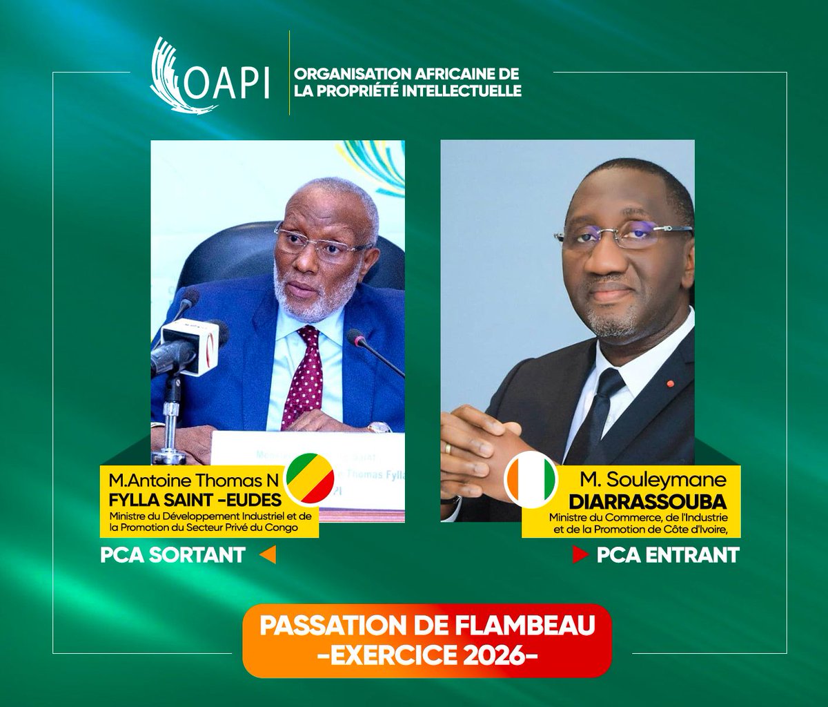 OAPI_TWIT's tweet photo. Nouvelle ère à l’#OAPI !
La Côte d’Ivoire succède au Congo à la Présidence du Conseil d’Administration.
👏 Félicitations au 🇨🇮 Dr Souleymane DIARRASSOUBA et merci à 🇨🇬 Antoine Thomas Nycéphore FYLLA SAINT-EUDES pour son mandat exemplaire.
👋🏽Brazzaville 🤝 Abidjan !
 #Innovation https://t.co/9zr9VOtX06