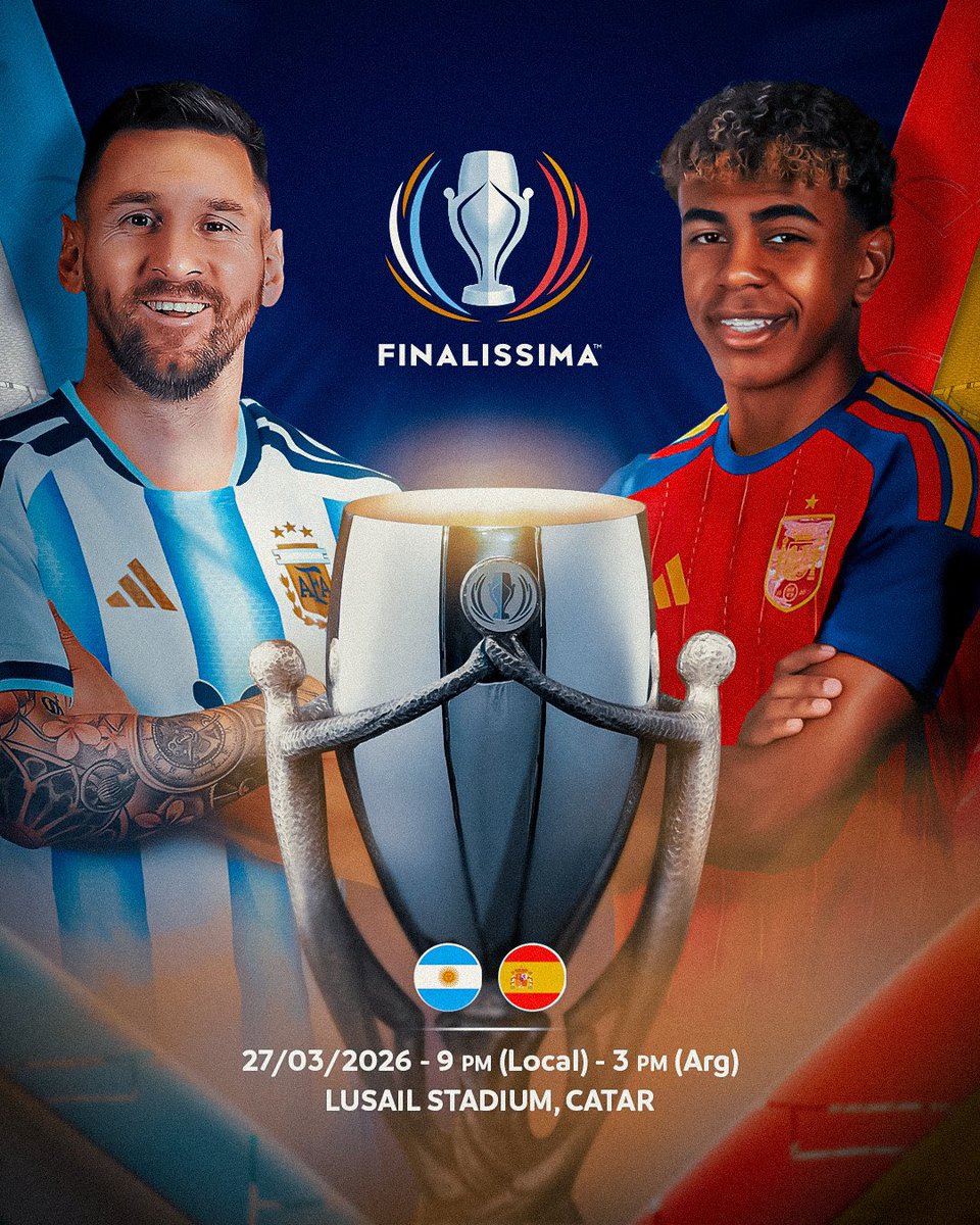 EmilianoRaddi's tweet photo. YA ES OFICAL 🇦🇷 vs 🇪🇸 #Finalissima 

Viernes 27 de marzo de 2026 en Qatar. 
Último partido de exigencia máxima antes del mundial.

👉 Hay posibilidades que luego de ese partido, mas precisamente el 31/3, juegue un amistoso en 🇶🇦. https://t.co/etaqUOcp0m