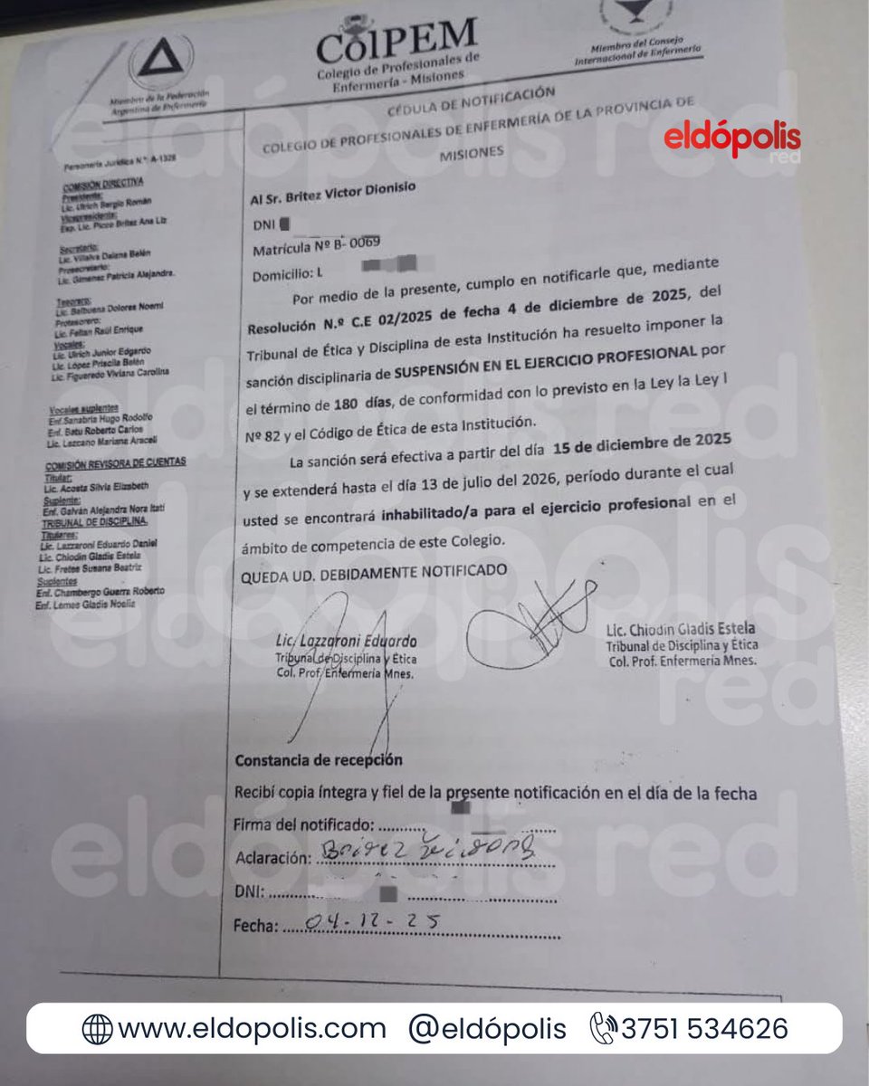 eldopolis's tweet image. El presidente del Colegio de Profesionales de Enfermería de Misiones confirmó que el implicado es auxiliar matriculado, pero nunca obtuvo el título de enfermero. La sanción es por 180 días y no descartan consecuencias penales. eldopolis.com/news/9hHpxFStk…
