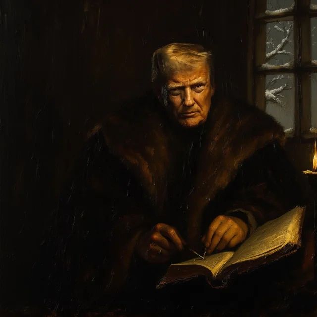 Rilt, gij lieden! Heer Trump spreekt woorden van doem over de schatkist. De prijzen rijzen als duivels uit de as en de inflatie waart rond als een geest die de kerstgans van het bord steelt. Het is een gruwelsprookje van lege beurzen en dure broden. #Trump #Economie #Kerstgruwel