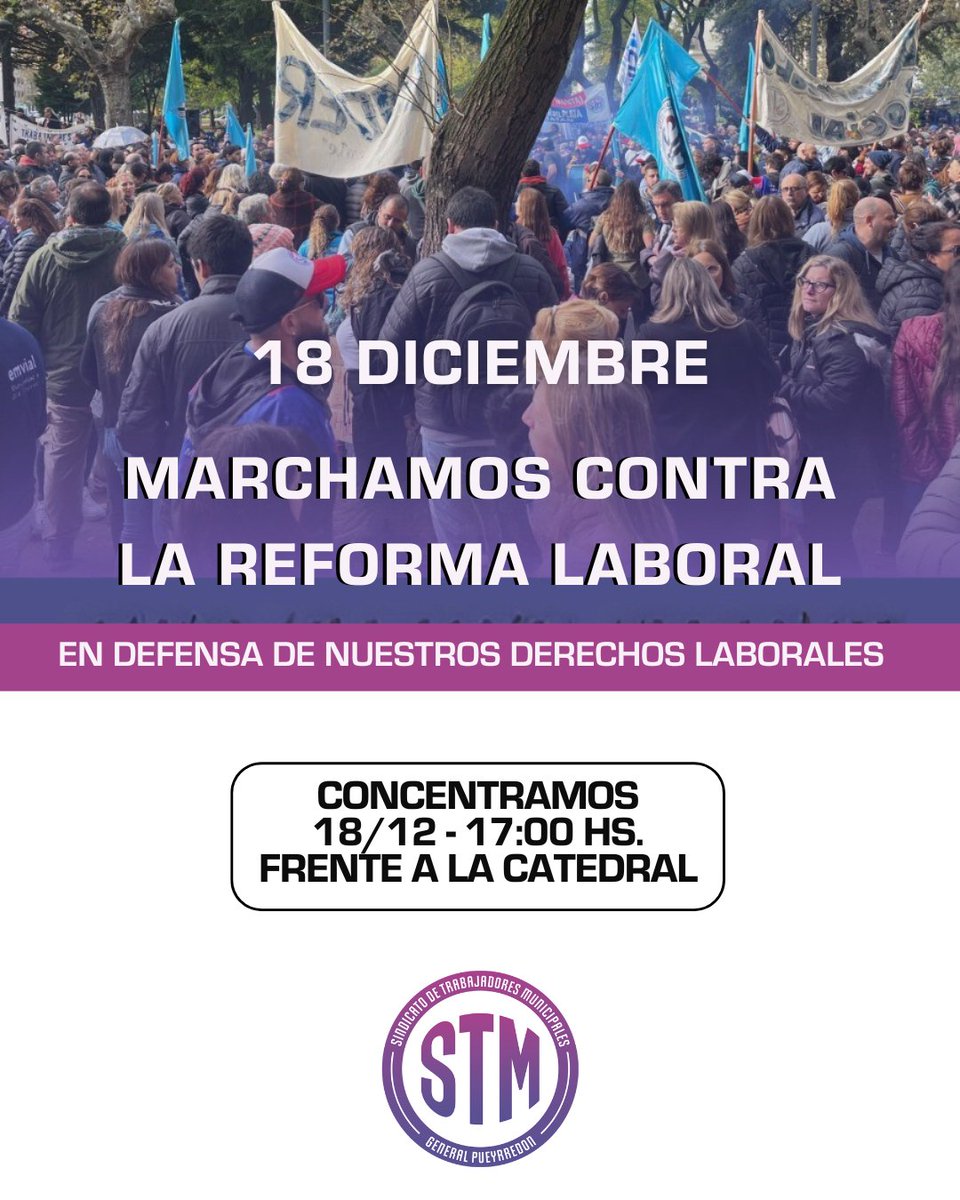 18 de diciembre 

Los/as Municipales marchamos contra la reforma laboral y en defensa de nuestros derechos conquistados. 

Concentramos 17 horas frente a la catedral.

#stmmardelplata
#18D
#NoALaReformaLaboral
#SomosTrabajadoresMunicipales