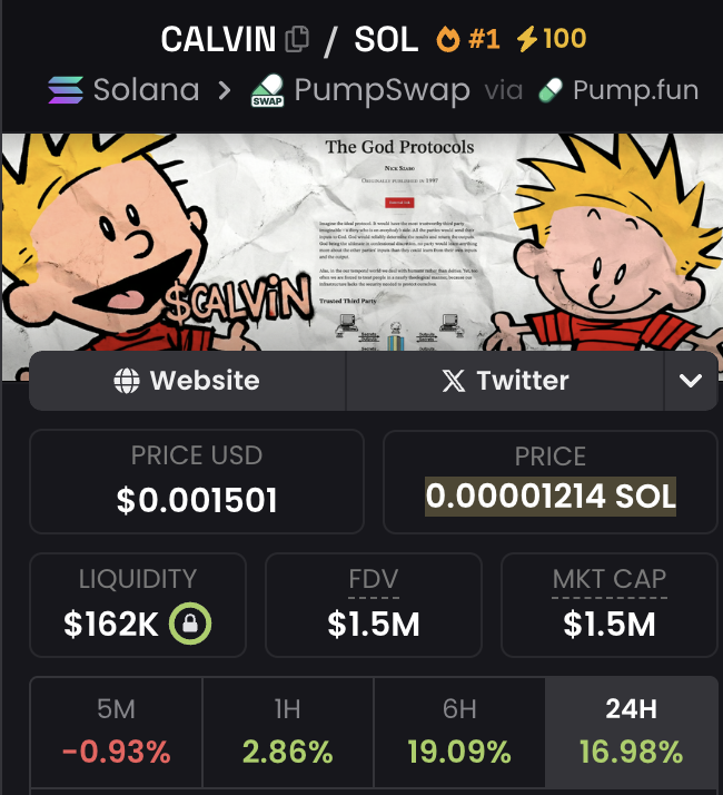 chrissolmemes's tweet photo. Day 8: Still #1 trending on Dex Screener! 🔥

$CALVIN
FgySDg8mpKPJfVs1TyWNKSmdwehPHKbvrA6JQ8Pspump https://t.co/rAdwJIgRY3