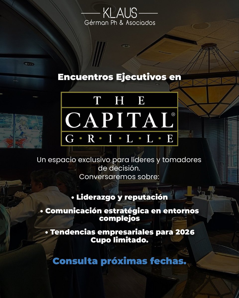 Las decisiones importantes merecen conversaciones inteligentes.

Nuestros encuentros en #TheCapitalGrille reúnen a perfiles estratégicos para analizar tendencias, liderazgo y reputación empresarial en un entorno íntimo y de alto nivel.

🔗 Información: klausgermanph.com