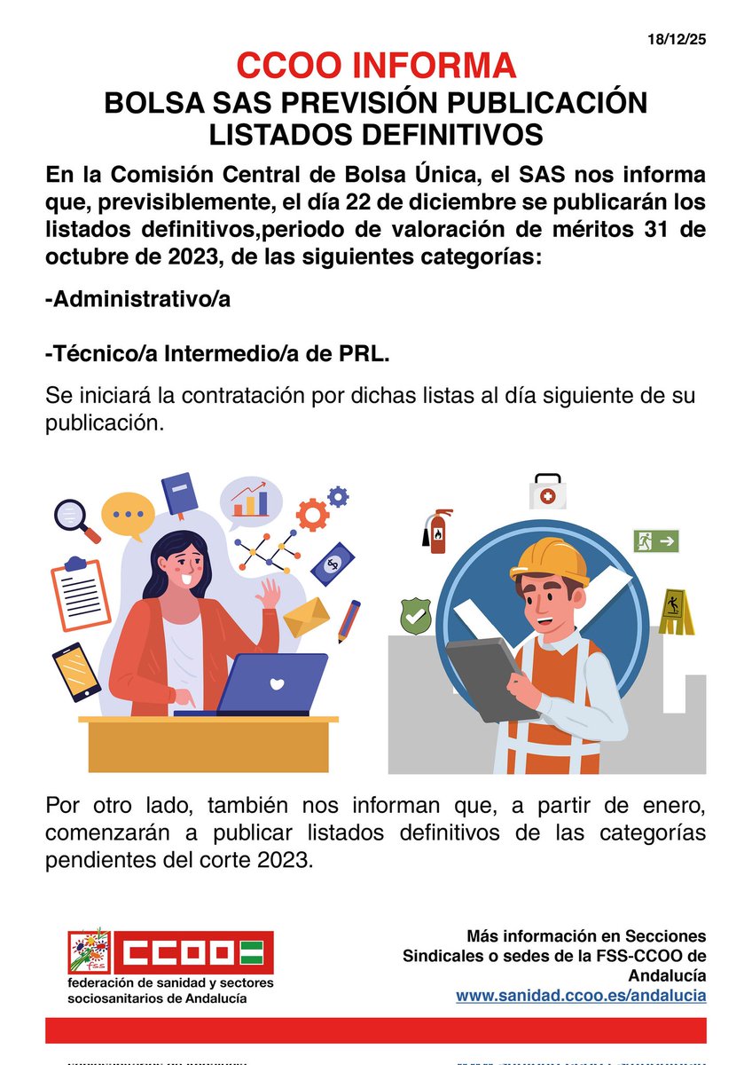 fssccooand's tweet photo. ✍ #CCOOInforma previsión de publicación de listados de la #BolsaSAS
#CCOOTuSolución https://t.co/eaEtDlZqSM