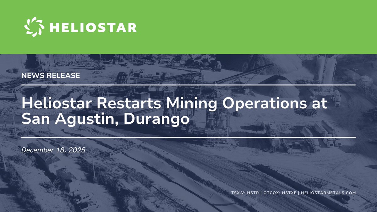 HeliostarMetals's tweet photo. Heliostar Restarts Mining at San Agustin, Durango ⛏️✨

A major milestone achieved - delivering on our Q4 2025 restart guidance issued at the beginning of the year, and positioning the Company for a significant increase in consolidated gold production in 2026. 

Highlights:
✅45,000 ounces at an AISC of $1,990/GEO providing a margin of over $2,300/oz at current spot gold prices 
✅Oxide targets drilling program underway with 37 holes completed and submitted for analysis

🔗Read the full release: https://t.co/d2GYOW9LDN