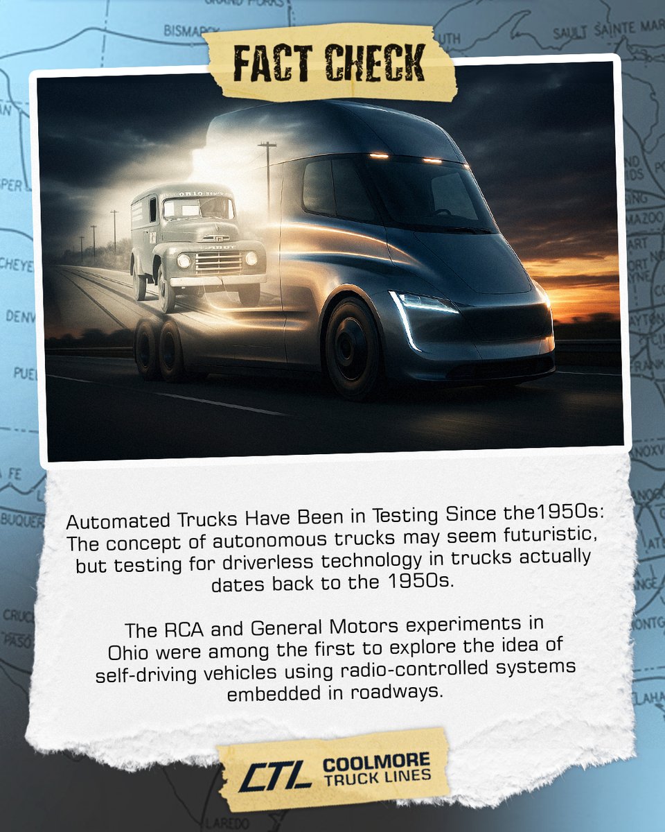 coolmoreTL's tweet photo. Autonomous trucks feel like the future… but the idea has been tested since the 1950s. 🚛📻

Would you trust a truck that drives itself, or do you think a driver will always need to be in the seat? Tell us why 👇

📞 Call us at +1 901-249-0376 and let’s get rolling. https://t.co/3EitpTKXNy