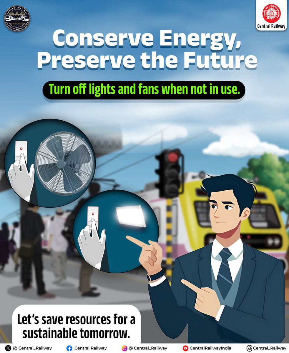 Central_Railway's tweet image. 🚆 Small actions make a big difference. ✨
Switching off lights and fans when not required helps reduce energy waste and supports a greener rail network. ⚡
Let’s contribute towards a sustainable tomorrow. 🌱

#CentralRailway #EnergyConservation #SaveEnergy #SustainableTravel