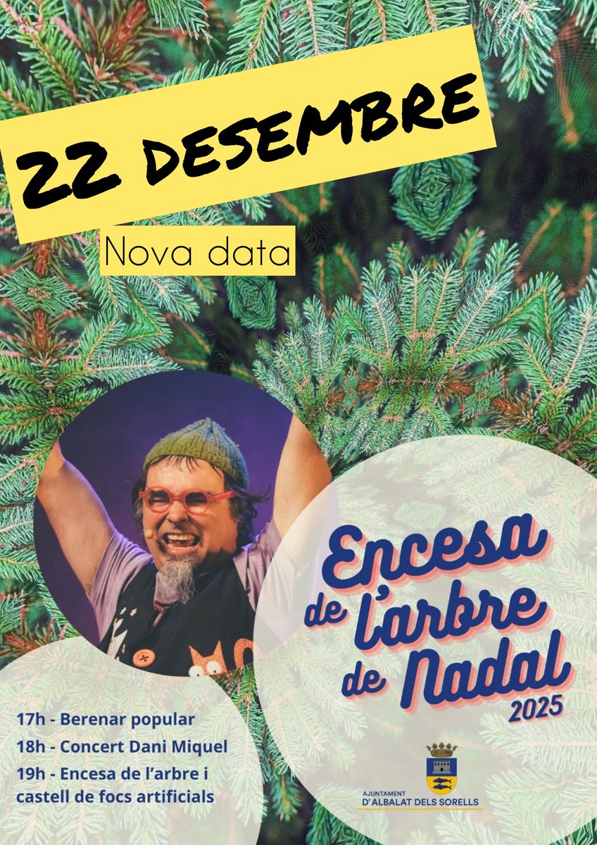 NOVA DATA PER A L'ACTE DE L'ENCESA DE L'ARBRE DE NADAL- 22 DE DESEMBRE DEL 2025 Amb motiu de les adverses condicions meteorològiques, els actes de l'encesa de l'arbre de Nadal es van ajornar. La nova data per a la seua celebració serà el 22 de desembre.
