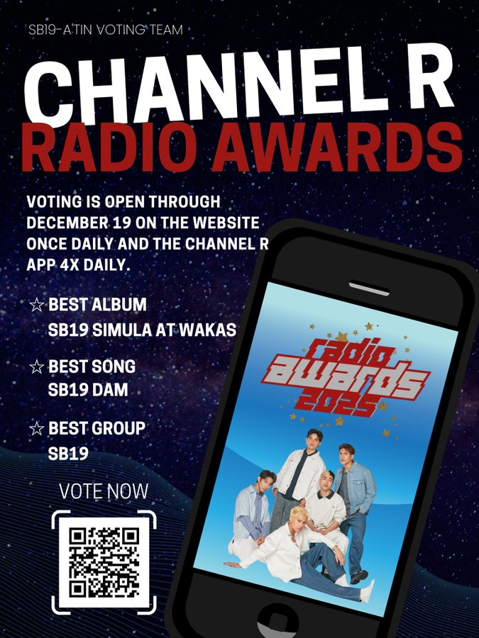 Hi A'TIN! 

It's the Final Call for the Channel R Radio Awards 2025!   

Let's give it our all! Vote for SB19 NOW! 

✨Best Album: Simula At Wakas 
✨Best Song: DAM 
✨Best Group: SB19

Vote Daily: 1X/Day (Free Web): 💠channelrradio.com/awards 
💠4X/Day (Channel R App):
