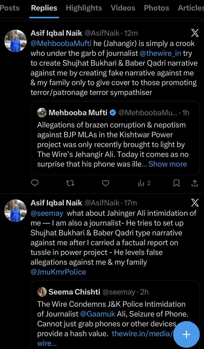 Thank You <a href="/JmuKmrPolice/">J&K Police</a> for prompt action. This journalist under the garb of <a href="/thewire_in/">The Wire</a> try to create Shujhat Bukhari type narrative against me &amp; <a href="/ShagunParihar_/">ShagunParihar</a> by creating false narrative that helps OGWs &amp; terrorist <a href="/NIA_India/">NIA India</a> kindly take note <a href="/Sunil_SharmaBJP/">Sunil Sharma</a> <a href="/OfficeOfLGJandK/">Office of LG J&K</a>