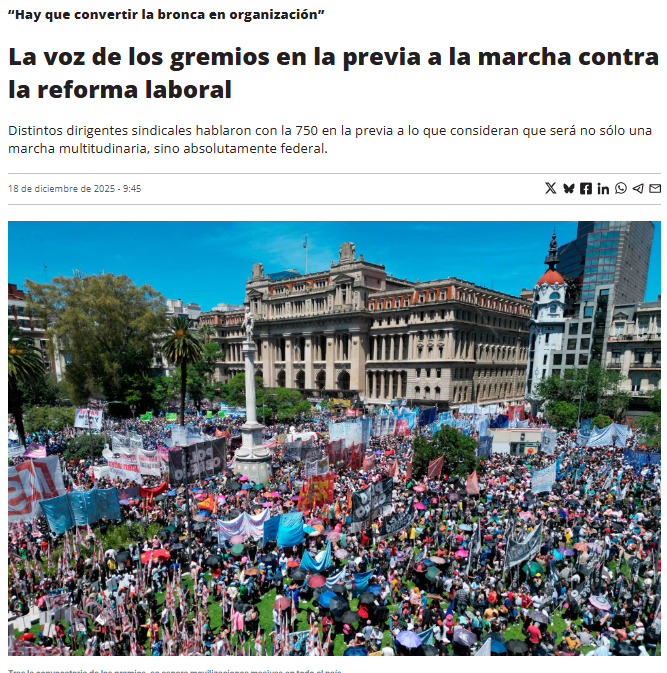 ✊ NO A LA REFORMA LABORAL

📢 Desde las 15 hs, distintas organizaciones sociales y sindicales se movilizan a Plaza de Mayo para reclamar contra el proyecto de reforma laboral impulsado por el Gobierno.

🗣️ “Lo sentimos como una necesidad imperiosa de estar confrontando contra la