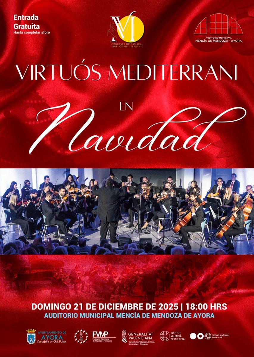 Concierto de Navidad🎄 - Virtuós Mediterrani🎼
🗓️Domingo 21 de diciembre, a las 18:00h
🏛️Auditorio Municipal de #Ayora
➡️Entrada gratuita hasta completar aforo.
ℹ️+info: ayora.es/es/noticia-eve…