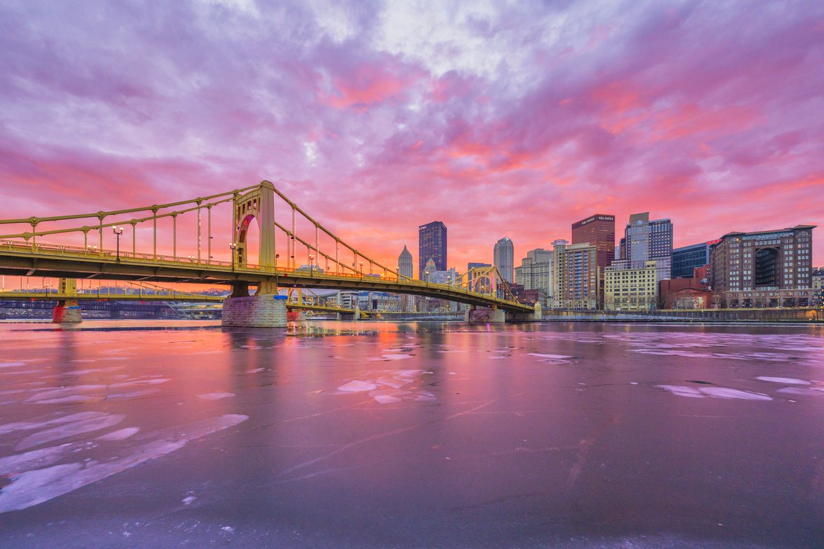 What a sunrise in #Pittsburgh this morning. Feel like it's been a while since I've shot one this nice, and I'm glad that I decided to make it downtown in time. The way the color reflected off of the ice was amazing.