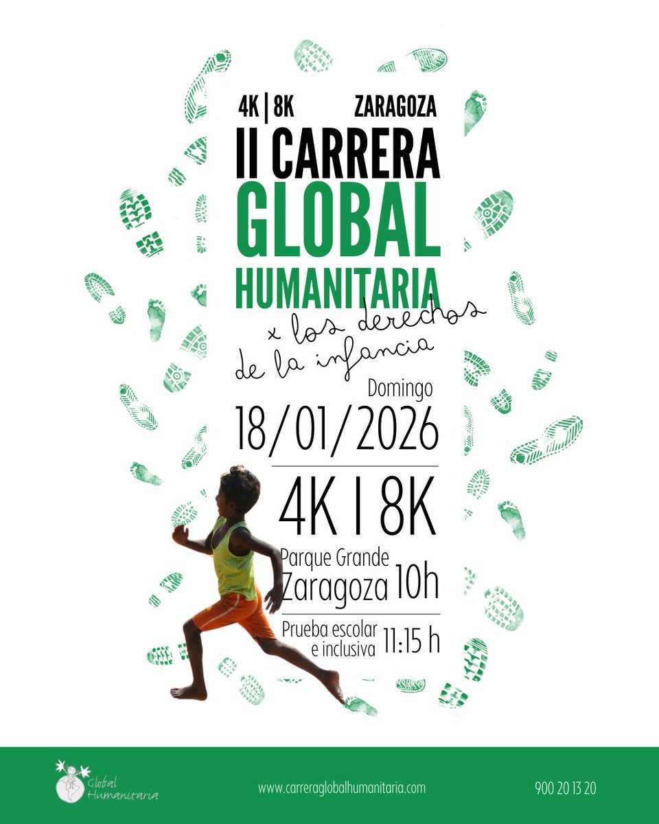 ghumanitaria's tweet photo. ¡Vuelve la II Carrera Global Humanitaria! 🏃‍♀️🏃‍♂️💚
Una cita deportiva y solidaria para empezar el año apoyando nuestros proyectos #porlosderechosdelainfancia

🗓 18 de enero de 2026
📍 Zaragoza
🕙 10:00 h
📏 Distancias disponibles: 8 km / 4 km

https://t.co/08uCfetAaA https://t.co/ZXHlly4SpG