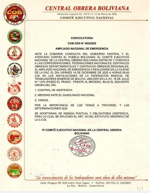 #ULTIMO | La Central Obrera Boliviana convoca a ampliado de emergencia este viernes 19 de diciembre para asumir medidas ante el GASOLINAZO NACIONAL, asi fue como ellos lo denominaron.