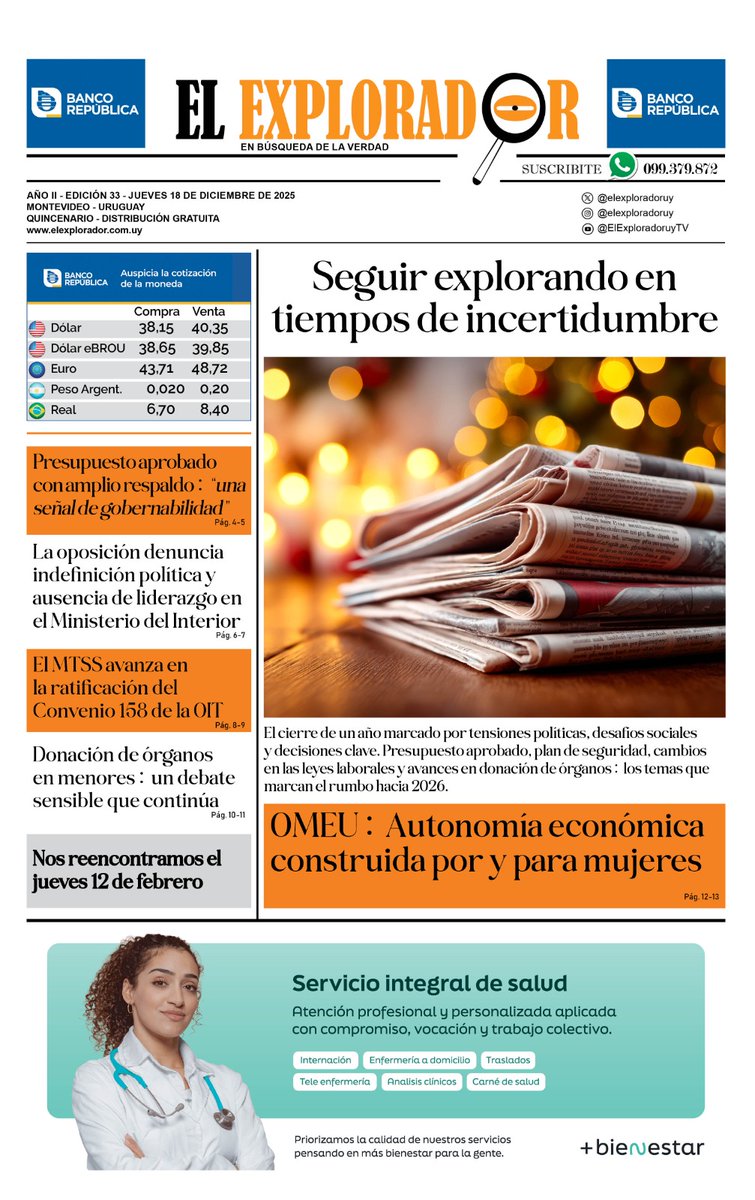 elexploradoruy's tweet photo. El Explorador N° 33 con entrevistas a:
📈 Rodrigo Arim, presidente de la @oppuruguay 
🚨 @Ni_Martinelli  y @pabloabdala66 , ex autoridades del @Minterioruy 
🩺 @GalloCantera, integrante de la Comisión de Salud Pública 
🟣Fernanda Castellanos y  Paola Badiola de @omeu_uy https://t.co/d65wmgbsNC