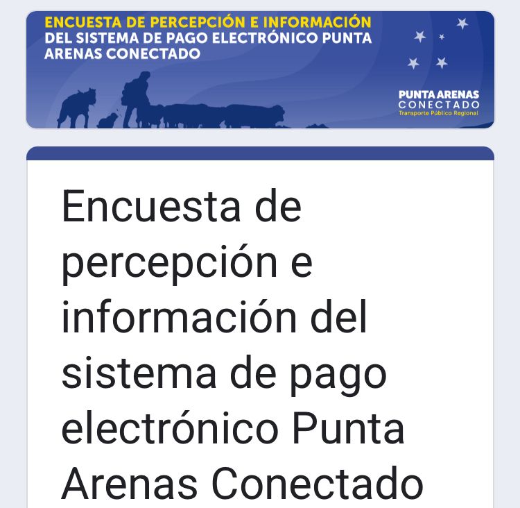 🔊ATENCIÓN 

Está disponible una consulta on line sobre el pago electrónico en las micros, dirigida a usuari@s del transporte público Red Punta Arenas. 

🤔Queremos saber tu opinión, tus consultas, tus dudas. 

💻Estará en línea hasta el 23/12

docs.google.com/forms/d/e/1FAI…