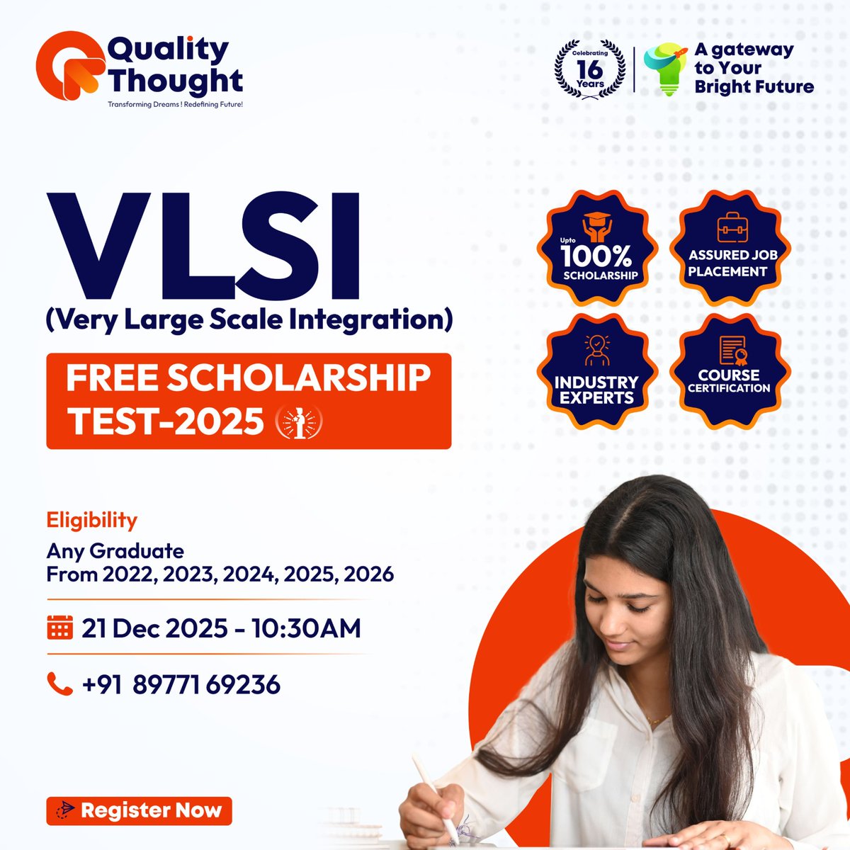 QTTWorld's tweet image. 🎓FREE VLSI SCHOLARSHIP TEST – 2025 | Quality Thought. 
Up to 100% Scholarship | Industry Experts | Placement Support
📅21 Dec | 10:30 AM
📍Ameerpet | Madhapur
📞8977169236
👉Register: join.qualitythought.in/vlsi/
🔗Info: linktr.ee/qualitythought…
#VLSI #ScholarshipTest #QualityThought