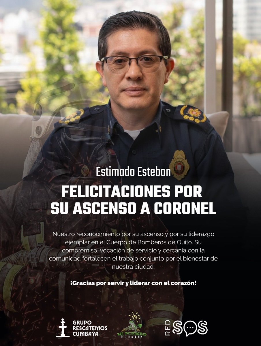 Felicitamos el ascenso a Coronel Esteban Cárdenas de <a href="/bomberos/">bomberos</a>. 

Su liderazgo y servicio fortalecen la seguridad y el trabajo conjunto con la comunidad.

Gracias por servir con el corazón.

#BomberosQuito #SeguridadComunitaria #Rescate #Quito