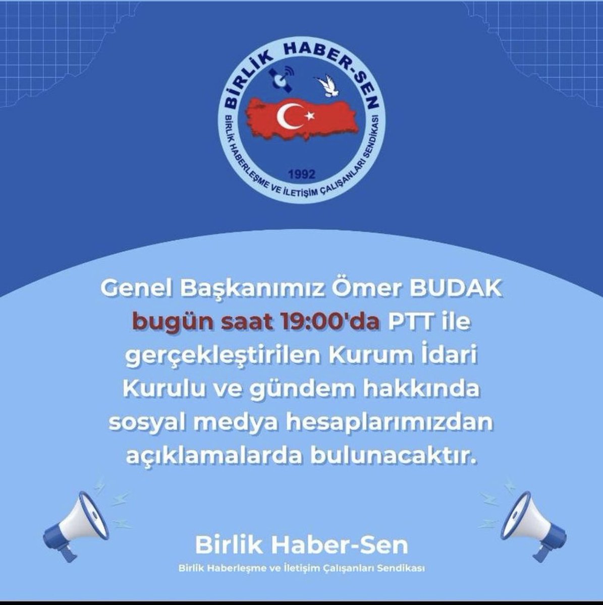 Saat 19:00’ da Sosyal Medya Hesaplarımızda görüşmek dileğiyle..

<a href="/BirlikHaberSen/">Birlik Haber-Sen</a>