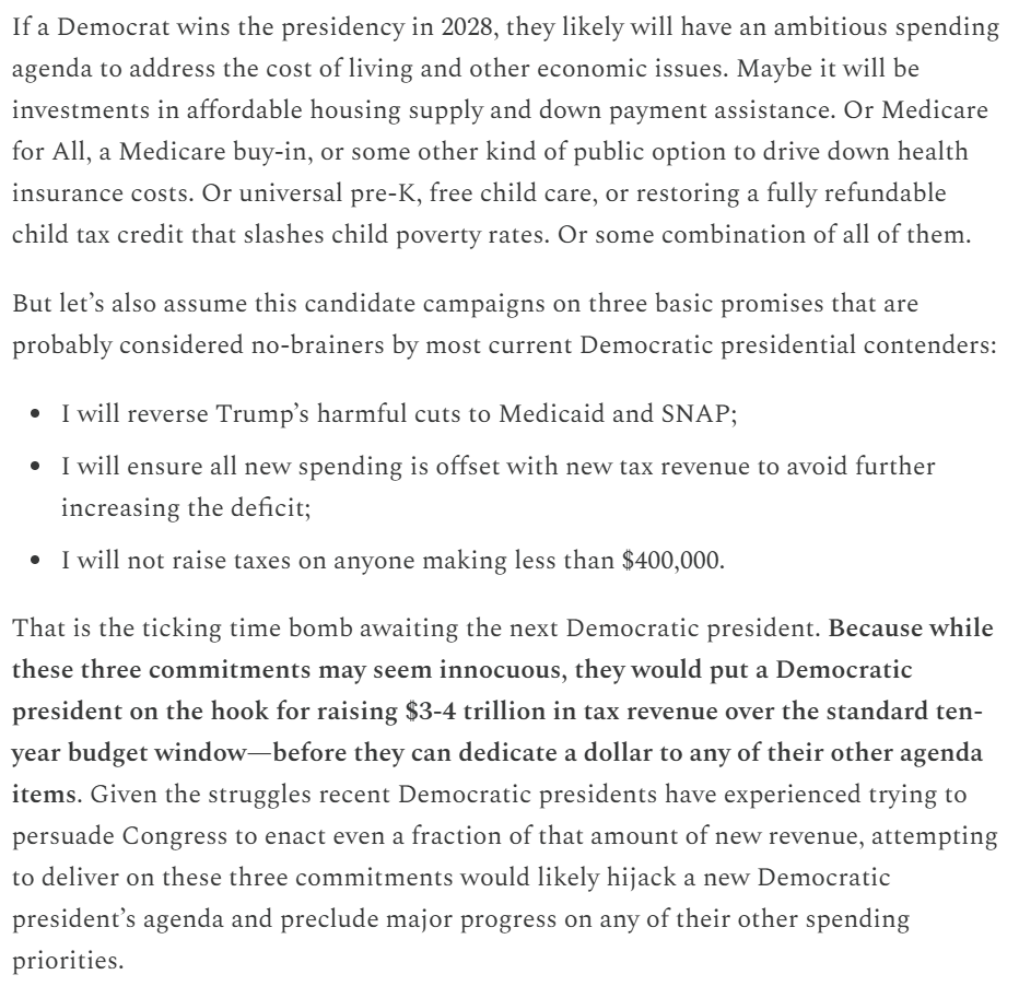 BharatRamamurti's tweet image. If a Democrat wins the presidency in 2028, there is a ticking time bomb awaiting them that threatens to blow up their hopes of enacting their economic agenda. 

My piece today gets into the ugly math -- and what Democrats can do to avoid this outcome. 1/