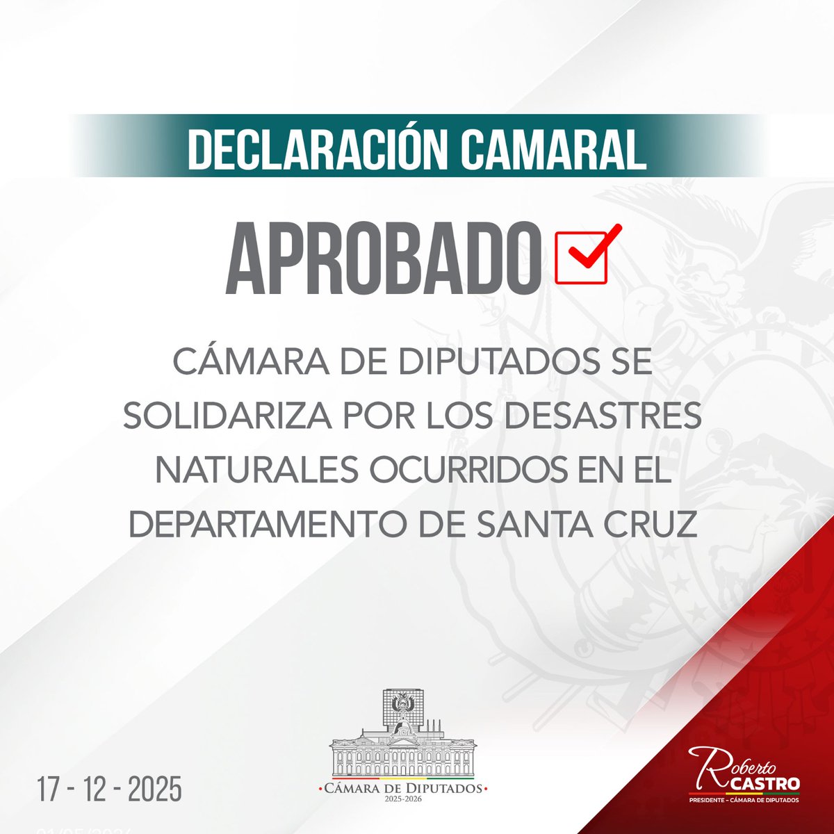 La Cámara de Diputados aprobó una Declaración Camaral de solidaridad con las familias damnificadas por los desastres en Santa Cruz.

#CámaraDeDiputados
#Solidaridad
#SantaCruz