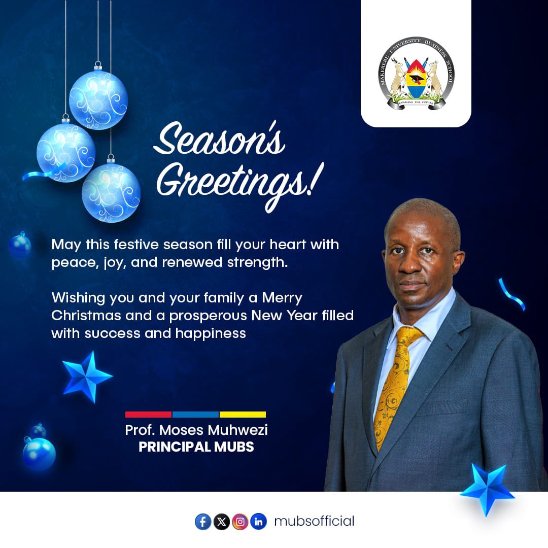 ProfMuhwezi's tweet photo. Wishing you all a joyous and fruitful festive. season! May this time bring warmth, love, and cherished moments with family and friends. Enjoy responsibly!
@OfficialMubs https://t.co/JC3bTHUj1F